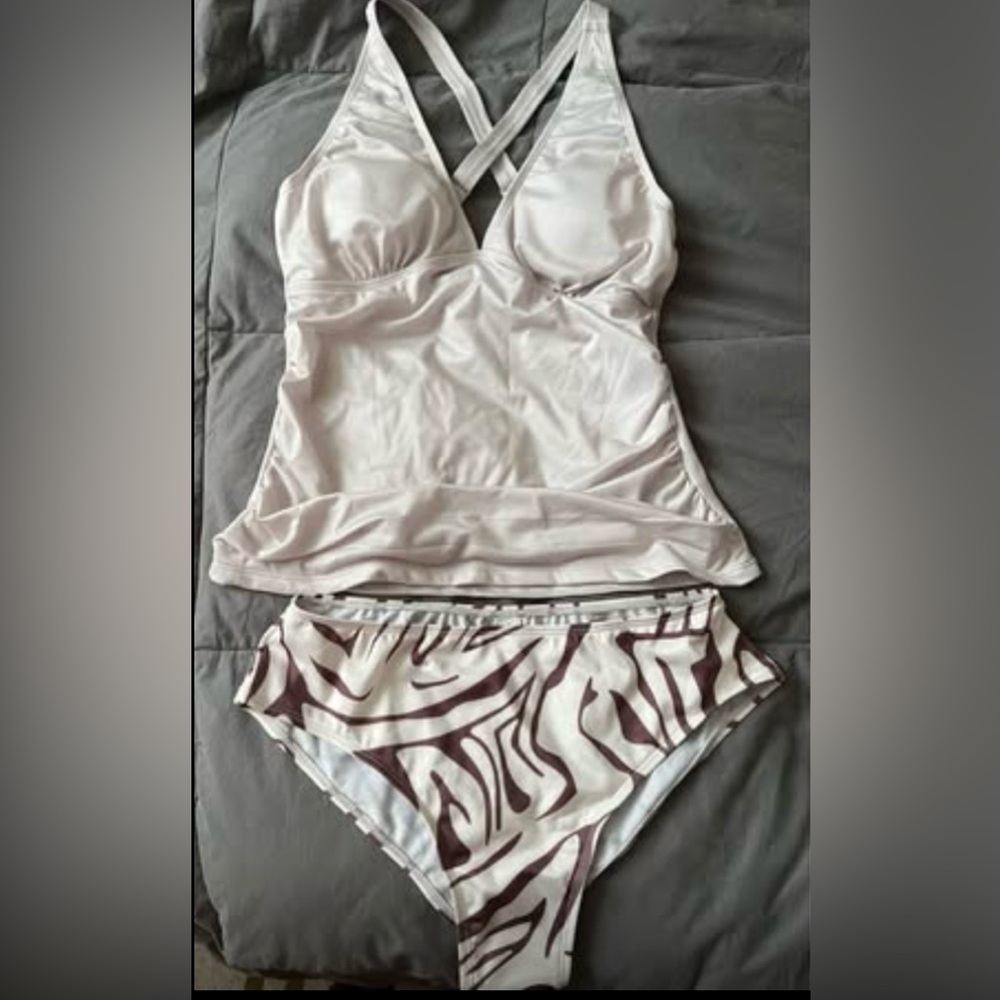 Source Unknown Cream and Brown Swim Bra Set
